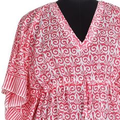 Festive Block Print Kaftan, Bohemian Pink V-neck Kurta, Pink Traditional Dress With Kimono Sleeves, Traditional Pink Dress With Kimono Sleeves, Traditional Pink Kaftan For Beach Cover-up, Festive Block Print Kaftan Tunic, Festive Block Print Tunic Kaftan, Festive Tunic Kaftan With Block Print, Long Sleeve Ikat Print Beach Dress