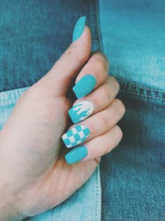 Short Acrylic Nails Checkered, Blue Flame Nails Short, Spring Nails Design 2024, Lavender Checkered Nails, Music Nail Designs, Car Theme Nails, Flame And Checkered Nails, Checkered Nails Blue, Car Show Nails