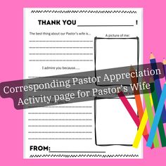 a pink background with the words, thank you for attending pastor appreciation activity page for pastor's wife