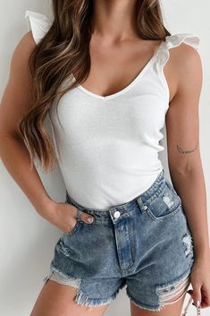 Stylish Appeal Ruffle Tank Top (White) · NanaMacs White Casual V-neck Tank Top, Casual White V-neck Tank Top, Ruffle Tank Top, Graphic Dress, Tank Top White, Basic Dress, Short Mini Dress, Outfit Combinations, Airport Outfit