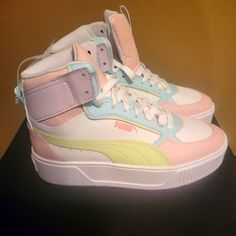 Brand New Pastel Colored Pumas, Never Been Worn! Pink High-top Sneakers For Sports In Spring, Pink High-top Sneakers For Spring Sports, Spring Sporty Puma Sneakers, Trendy Puma Sneakers For Streetwear, Sporty Puma Sneakers For Spring, Casual High-top Puma Sneakers, Spring Low-top Puma Sneakers, Casual Mid-top Puma Sneakers, Pink Puma Sneakers For Spring