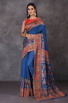 Shop stunning blue Kani weave tussar silk sari online in USA. Keep your ethnic wardrobe up to date with latest designer sarees, pure silk sarees, handwoven sarees, tussar silk sarees, embroidered sarees from Pure Elegance Indian saree store in USA.-full view Navratri Meenakari Tussar Silk Pre-draped Saree, Festive Kalamkari Print Pre-draped Saree In Slub Silk, Festive Blue Tussar Silk Pre-draped Saree, Blue Tussar Silk Pre-draped Saree With Dupatta, Blue Slub Silk Blouse Piece For Festivals, Blue Semi-stitched Saree With Kalamkari Print, Blue Slub Silk Blouse With Zari Weaving, Traditional Blue Slub Silk Blouse Piece, Blue Raw Silk Saree For Puja