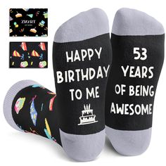 two pairs of socks with the words happy birthday years to me and an image of a cake