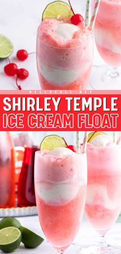 Look forward to sipping on this Shirley Temple Ice Cream Float! Refreshing and delicious, this ice cream drink recipe is a perfect 4th of July beverage. Plus, 4 ingredients are all you need for this easy summer drink! Boozy version included! Frozen Shirley Temple, Shirley Temple Float, Summer Nonalcoholic Drinks, Ice Cream Drinks Nonalcoholic, Fancy Non Alcoholic Drinks Easy, Shirley Temple Bar For Party, Easy Summer Drinks Nonalcoholic, Food To Take To The Beach, Swig Drink Recipes