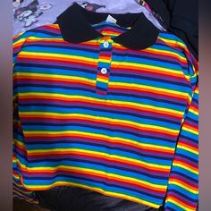 Bought From Romwe ! Never Worn, Only Tried On Great For Pride Events Or Any Clowncore Look You Wanna Go For! :3 Very Stretchy, Soft, And Has Black Stretchy Cuffs Primary Color Clothes, Kidcore Shirt, Clowncore Fashion, Clowncore Outfit, Kidcore Clothes, Jester Outfit, Pride Fashion, Striped Shirts, Dapper Style