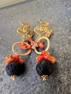 Earrings with branches in red Mediterranean coral mounted in gilded silver with lava stone Christmas Deals, Lava Stone, Stone Earrings, Jewelry Earrings Dangle, Etsy Earrings, Jewelry Gifts, Dangle Drop Earrings, Dangle Earrings, Coral