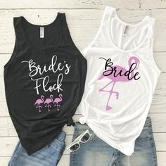 Flamingo Bachelorette - Bachelorette Party Shirts - Flamingo Tank - Bride's Flock - Bachelorette Tanks - Bridal Party -Wedding Party - Bride - Hen Party - Stag and Doe - Let's get flocked up EXCITING NEWS! ALL orders to the US are now sent via USPS and come with tracking Please put DATE NEEDED BY in notes to seller upon ordering so I can make sure they get to you before the big day :)  Some people find it easiest to just put the quantity needed in their cart and send me the details and sizing th Flamingo Bachelorette Party Shirts, Flamingo Bachelorette, Classy Bachelorette Party, Fashion Over 50 Fifty Not Frumpy, Stag And Doe, Bachelorette Tanks, Wedding Party Shirts, Basic Fashion, Flamingo Party