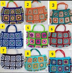 six bags with different designs and numbers on the front, side, and back sides