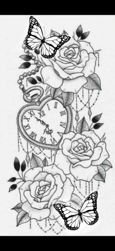 a tattoo design with roses, butterflies and a clock on the side of it that says love