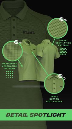 the details of a green polo shirt with buttons and text that says,'detail spotlight '