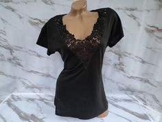 90s Vintage Womens Black Lace V-Neck Top/Tee Short Sleeve. Size M-L. Top in excellent vintage condition. Bust 92cm (36in), length 62cm (24.4in). Vintage Black V-neck Top, 90s Shirts, 90s Vintage, V Neck Tops, Top Tee, Festival Season, Womens Clothing Tops, Black Lace, Vintage Ladies