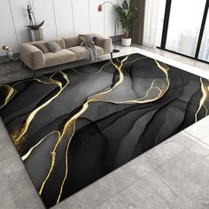 a living room area rug with black and gold designs