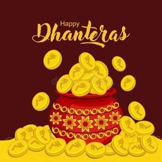 happy dhanteras with golden coins on brown background royalty illustration