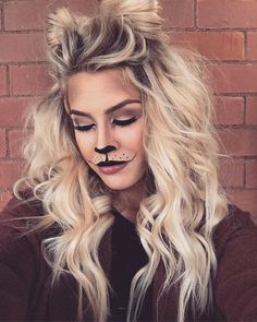 Womens Lion Makeup, Dog Face Makeup Woman, Lion Face Makeup Halloween, Cute Lion Makeup Halloween, Easy Lepord Makeup Halloween, Cute Wolf Makeup Halloween, Leopard Cat Makeup Halloween, Women Werewolf Makeup, Easy Animal Halloween Makeup