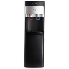 the water dispenser is black and white with red, blue, and yellow accents