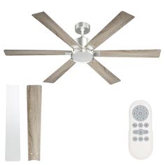 a ceiling fan with remote control and wooden blades on the bottom half of each blade