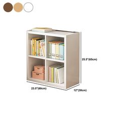 a book shelf with three shelves and two file folders on each side, labeled