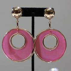 Fuschia And Gold Contemporary Dangle Hoops With A Bullet Clutch Closure. Product Color And Quality As Seen On A Monitor May Vary Slightly Compared To Actual Items Due To Photography Lighting Conditions. **The 2nd Photo Is Taken In Natural Light.** Chic Pink Round Earrings, Pink Dangle Clip-on Jewelry, Pink Clip-on Dangle Jewelry, Pink Clip-on Drop Earrings, Chic Pink Drop Earrings, Pink Clip-on Jewelry For Party, Elegant Pink Dangle Hoop Earrings, Elegant Pink Hoop Earrings For Party, Pink Hoop Earrings For Party