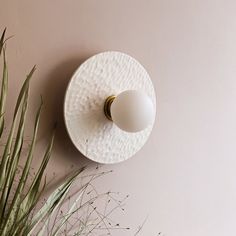 a white light fixture mounted to the side of a wall next to a potted plant