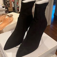 Band New And Has Never Been Worn. Casual Synthetic Boots With Pointed Toe, Fitted Black Boots With Flat Heel, Casual Black Pointed Toe Heels, Ankle-high Fitted Casual Heels, Casual Ankle-high Fitted Heels, Fitted Ankle-high Casual Heels, Casual Black Heels With Padded Ankle, Black Casual Boots With Almond Toe, Casual Black Boots With Almond Toe