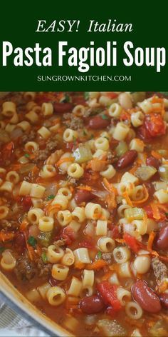 pasta fagioi soup in a pot with the title overlay reading comforting one - pot pasta fagioi soup