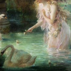 a painting of a woman in the water with swans