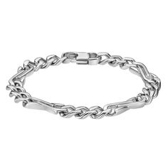 Add a stylish new element to your daily look with this LYNX men's curb chain bracelet. Add a stylish new element to your daily look with this LYNX men's curb chain bracelet.  Metal: stainless steel Length: 8.5 in. Chain width: 9 mm Packaging: pouch Finish: polished Chain type: fancy curb Size: 8.50. Color: White. Gender: male. Age Group: adult. Modern Figaro Chain Bracelets, Modern Figaro Chain Bracelet, Modern Curb Chain Link Bracelet, Modern Figaro Chain Bracelet With Rectangular Links, Modern Figaro Chain Link Bracelet, Modern Link Bracelets With Figaro Chain, Modern Metal Chain Bracelet With Curb Chain, Modern Metal Curb Chain Bracelet, Argentium Silver Jewelry