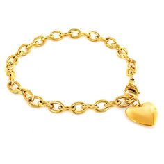 Details Metal: Gold-tone ion-plated stainless steel Measurements: 8" x 3/16" Chain Type: Circle Link Clasp: Lobster Collection: Steeletto Country of Origin: China Everyday Stainless Steel Heart Bracelet With Charm, Classic Gold Charm Bracelet With Heart, Gold Stainless Steel Bracelet With Heart Charm, Elegant Heart-shaped Stainless Steel Charm Bracelet, Everyday Gold Chain Bracelet With Heart Charm, Gold Heart Charm Bracelet Classic Style, Everyday Gold Bracelet With Heart Charm, Gold Heart-shaped Stainless Steel Bracelet, Gold Stainless Steel Heart Bracelet For Valentine's Day