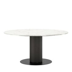 a white marble table with black pedestals and an oval shaped base on the top