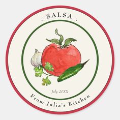 the label for salsa from julia's kitchen shows an image of a tomato and garlic