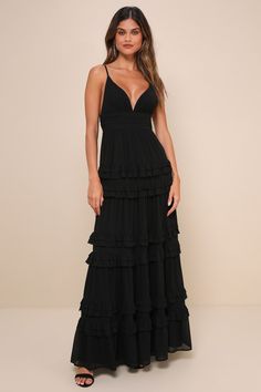 Lavish Perfection Black Ruffled Tiered Maxi Dress Dress Sage Green, Dress Ruffles, Black Tie Wedding Guests, Gathered Bodice, Elegant Black Dress, Prom Dresses Sleeveless, Bridal Party Dresses, Rust Dress, Black Gown