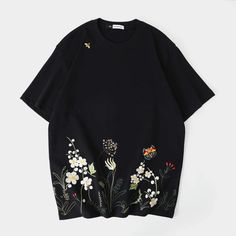 Hachi Tee Shirt – Kidoriman Black Floral Embroidery Crew Neck T-shirt, Black T-shirt With Floral Embroidery For Summer, Black Floral Embroidered T-shirt For Summer, Black Floral Embroidery T-shirt For Summer, Black T-shirt With Floral Embroidery For Spring, Black Crew Neck T-shirt With Floral Embroidery, Black Floral Embroidered Crew Neck T-shirt, Nimbu Mirchi, Brand Ideas