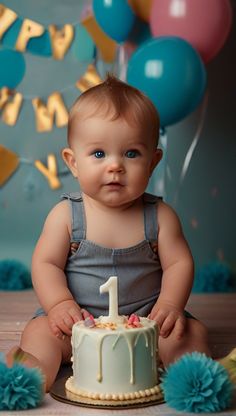 a baby sitting in front of a birthday cake