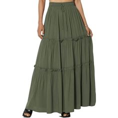 TheMogan Women's Ruffle Tiered Woven Drawstring Elastic High Rise A-Line Long Maxi Skirt Elevate your style with our Ruffle Tiered Woven Maxi Skirt. The pull-on design features an elastic high rise waist and A-line silhouette for comfort and flair. Complete with a convenient drawstring waist for lounge, casual, weekend look. Pair effortlessly with a tucked-in tank top, floppy hat, and strappy sandals for a chic summer bohemian look. Size: 2X.  Color: Green.  Gender: female.  Age Group: adult. Long Tiered Skirt, Long Maxi Skirt, Boho Clothes, Solid Skirt, Maxi Skirt Boho, Golf Skirts, Bohemian Look, Long Maxi Skirts, Casual Weekend