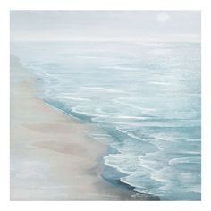 an abstract painting of the ocean and beach with white foamy water on it's shore