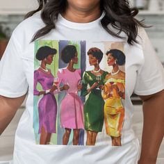 This adult unisex shirt features a vintage-style sketch illustration of four black women at a cocktail event. Inspired by classy ladies and melanin beauties, this tee pays homage to timeless sophistication and grace. Crafted from 100% soft cotton, this shirt fits like a well-loved favorite, offering unparalleled comfort for every occasion. The quality print and soft fabric ensure that you'll fall in love with it over and over again. The ribbed knit collars bolster shaping, while the tapered shou Chic Graphic Print T-shirt For Night Out, Fitted Graphic Print T-shirt For Party, Fitted Party Shirt With Graphic Print, Fitted Graphic T-shirt For Night Out, Chic Graphic Print Tops For Party, Vintage Graphic Print Party Tops, Retro Graphic Print Party Tops, Retro Party Tops With Graphic Print, Retro Graphic Print Tops For Party