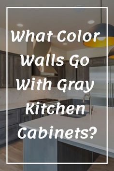 a kitchen with gray cabinets and white counter tops, the words what color walls go with gray