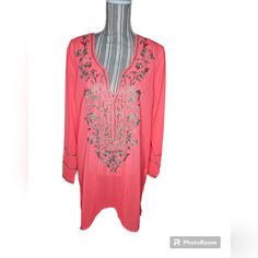 Nwot V-Neck Has Split To The Two Sides 23"Sleeves 35" Length 22"Armpit To Armpit. #Poshmark#Pinterest#Clubzcollection Spring Long Sleeve Tunic With Embroidered Neckline, Long Sleeve Tunic With Floral Embroidery For Vacation, Long Sleeve Floral Embroidery Tunic For Vacation, Spring V-neck Tunic With Embroidered Neckline, Pink V-neck Tunic For Spring, Embroidered Long Sleeve Summer Tunic, Summer Long Sleeve Embroidered Tunic, Summer Embroidered Long Sleeve Tunic, Embroidered V-neck Tunic For Spring