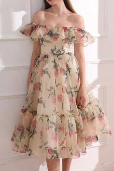 MissJophiel Corset Off the Shoulder Floral Print Organza Tiered Dress Off Rhe Shoulder Dress, Organza Tiered Dress, Pretty Aesthetic Dresses, Soft Romantic Aesthetic Outfits, A Line Dress Outfit, Cute Sun Dresses, Off Shoulder Dress Casual, Pretty Floral Dresses, Floral Dress Outfit