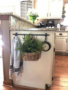 a potted plant sitting on top of a kitchen counter next to a clock and towel rack