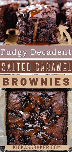 fudgey decadent salted caramel brownies with chocolate drizzle on top