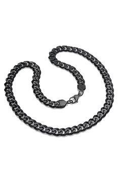 A heavy curb chain necklace is cast in durable ion plated stainless steel. 24" length; 3/8" width Lobster clasp closure Stainless steel with ionic plating Imported Black Stainless Steel Necklaces With Chunky Chain, Black Chunky Chain Necklace In Stainless Steel, Black Cuban Link Curb Chain Jewelry, Black Cuban Link Jewelry With Curb Chain, Black Stainless Steel Chunky Chain Necklace, Black Chunky Chain Stainless Steel Necklace, Black Chain Link Jewelry With Lobster Clasp, Black Cuban Link Chain Necklace Gift, Black Metal Curb Chain Necklace