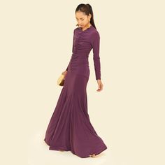 Zinnia Maxi Dress In Tulipwood Purple | Celestine & Mae | Wolf & Badger Purple Zinnia, Wolf And Badger, Dramatic Skirt, Body Silhouette, Draped Fabric, Ladies Dress Design, Independent Designers Fashion, Button Detail, Badger