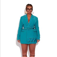 Teal Suit Jacket Belted- Comes W/ Matching Belt Can Be Worn As Dress Depending On Height Not Worn Double-breasted Blue Blazer Dress For Spring, Blue Double-breasted Blazer Dress For Spring, Spring Blue Double-breasted Blazer Dress, Blue Double-breasted Blazer Dress, Chic Blue Double-breasted Blazer Dress, Chic Blue Single Breasted Blazer Dress, Chic Blue Blazer For Party, Chic Blue Party Blazer, Blue Fitted Double-breasted Blazer Dress