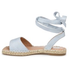 The Emelie by Journee Collection brings a whole new meaning to the word sandal. With a 4 mm Tru Comfort Foam™ insole and a ballerina-inspired tie at the ankle, we just want to dance! Whipstitch trim at the footbed and espadrille braids at the sole perfect this vegan suede design. At Journee Collection, our sandal styles are going to be perfect for any occasion. Whether that be a formal, business, or casual dress, these sandals will be a perfect match. Fashion Sandals Flat, Tie Up Sandals, Bridal Shoes Flats, Shoe Carnival, Famous Footwear, Espadrille Sandals, Blue Sandals, Flat Espadrilles, Journee Collection