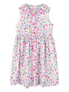 white/multicolour cotton all-over floral print Peter Pan collar front button fastening sleeveless Multicolor Buttoned Dress For Garden Party, Playful Cotton Floral Print Sundress, Playful White Floral Print Sundress, Multicolor Cotton Dresses With Buttons, Sleeveless Dress With Button Closure For Garden Party, Playful Pink Cotton Floral Dress, Playful Pink Floral Cotton Dress, Playful Floral Print Sleeveless Summer Dress, White Floral Print Sleeveless Cotton Dress