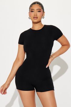 Available In Black And Heather Grey. Romper Short Sleeve High Neck Hidden Back Zipper Booty Short Stretch 95% Modal 5% Spandex Imported | Bree Butter Snatched Romper in Black size XL by Fashion Nova Black Bodysuit With Shorts, Bodysuit With Shorts, Grey Romper, Service Women, Black Romper, Short Rompers, Matching Dresses, Black Bodysuit, Rompers Women