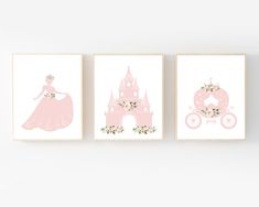 three princess wall art prints in pink and white