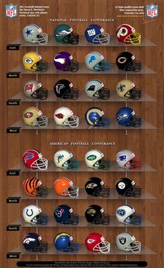 the nfl football helmets are on display in a wooden case with glass shelves for each team's helmet