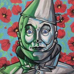 a painting of a man wearing a green suit and hat with red flowers in the background